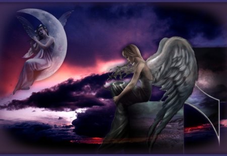 ANGELS - moon, sky, female, clouds, angels, wings, sunset