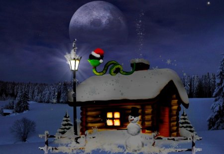 Small winter house - nice, new year, cottage, 2013, sky, pretty, lantern, evening, holiday, house, dusk, snowy, moon, snowman, stars, mountain, light, winter, year, night, wooden, lovely, happy new year, lonely, snow, snake, beautiful, cabin, small