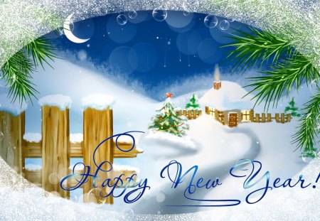 New year card - new year, nice, cottage, sky, peaceful, pretty, holiday, house, tree, branches, moon, fence, landscape, mountain, winter, snowflakes, lovely, happy new year, wishes, snow, beautiful, card, cabin