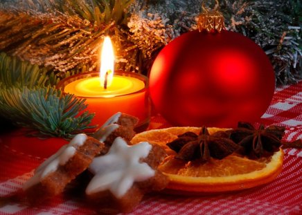 New year still life - nice, 2013, new year, candles, still life, cookies, flame, reflection, pretty, holiday, tree, branches, light, lovely, christmas, happy new year, beautiful, red