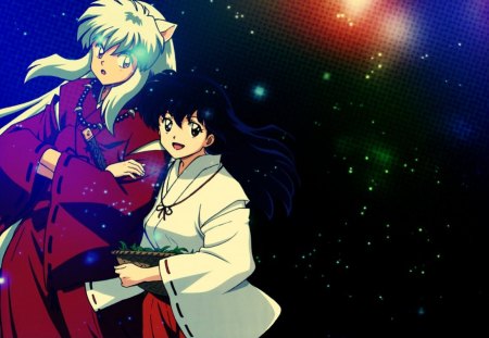 Inuyasha and Kagome - inuyasha, anime couple, anime, original, kimono girl, happy, white hair, inuyasha and kagome, black hair, cute, inuyasha final act