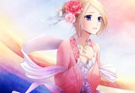 Kagamine Rin - rin, girl, pink, vocaloid, kimono, rose