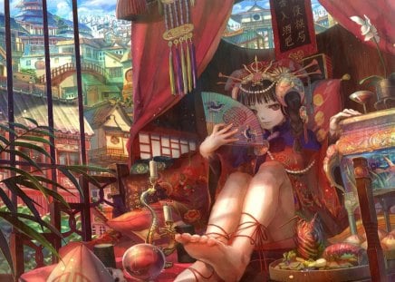 Asian - fan, girl, fuji choko, kimono, food, asian