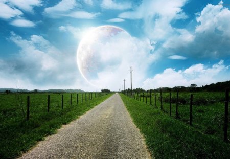 road - field, moon, nature, cool