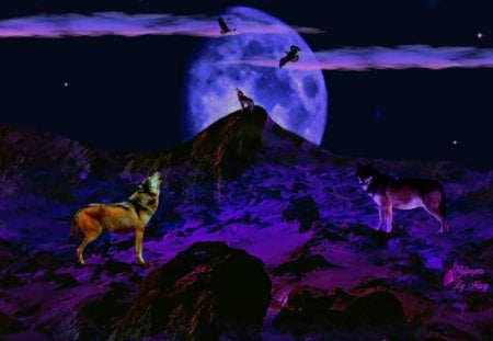 Winter Moon - moon, wolf, eagles, mountains, wolves