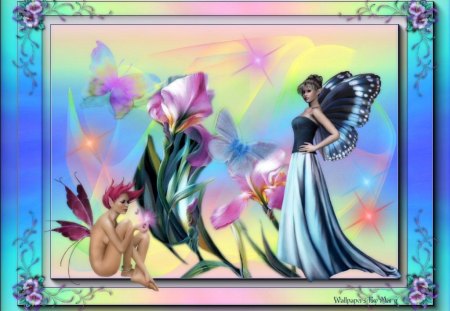 Fairies And Irises - butterflies, butterfly, irises, flowers, fairies, fairy