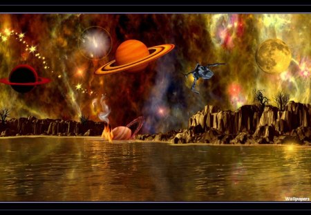 Nebula Lake 1600x900 - nebula, water, scifi, planets