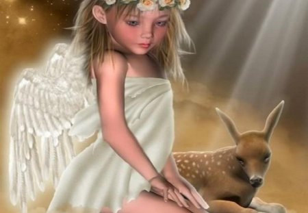 Little Angel - flowers, sunlight, fawn, fantasy, wings, angel, stars