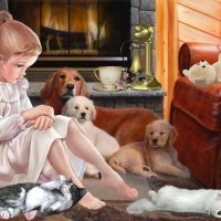 Little Girl with Dogs and Cats