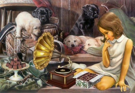 Little Girl and the Music - girl, music, dogs, chocolate, gramofon