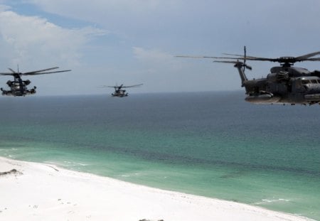 Choppers over beach - oceans, over, beach, choppers