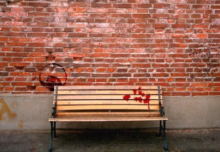 Graffiti Bench - bench, cant think of a fourth, bricks, red