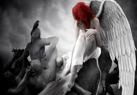 grieving angel - redhead, angel, magic, destruction, two tone, gothic, fantasy, crying, cgi, dark, tgrams, lonely, 3d