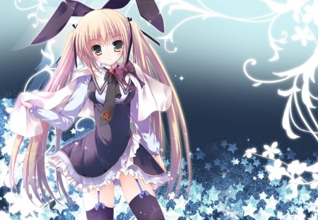 Usagi-san - animal features, female, blue, anime, flowers, bunny