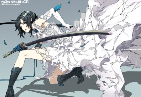 Dogs: Bullets & Carnage - anime, deadly, dress, girl, sword, carnage, white, dogs, bullets