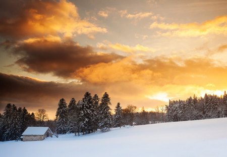 Sky is on fire - winter, fire, snow, shelter, sky