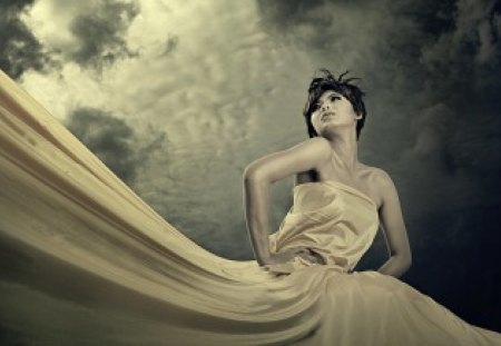 I wanna touch the Sky - touch, woman, model, dress, sky