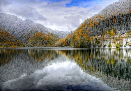 Calm lake - calm, reflection, crystal, calmness, shore, lake, nice, sky, clouds, trees, winter, beautiful, mirrored, lovely, river, nature, autumn, clear, bank