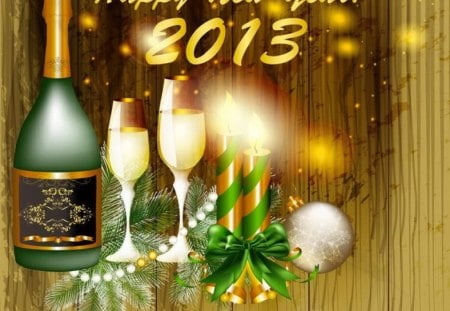 Happy new year - pretty, gifts, spalkles, toast, wishes, wine, dedcoration, holiday, nice, mood, branches, bottle, happy new year, beautiful, balls, lovely, champagne, new year, cheers