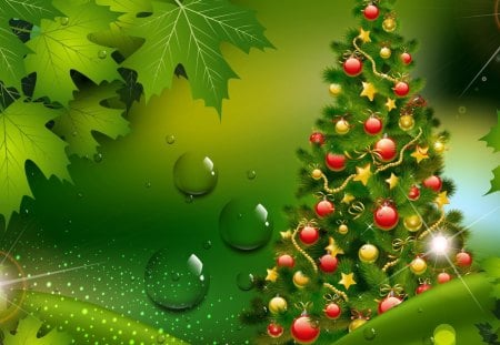 New year in green - nice, new year, colorful, bubbles, balls, pretty, green, mood, cheers, tree, stars, toys, background, toast, light, lovely, christmas, happy new year, glow, beautiful, leaves, decoration