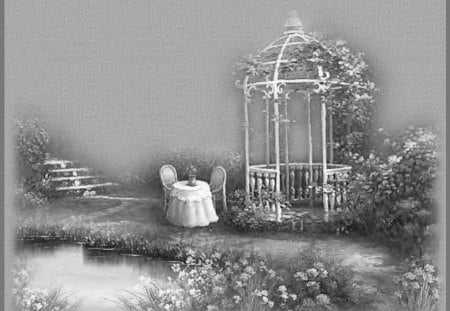 Gray garden - lake, gazebo, plants, nature, chair, table, gray garden, flowers, garden