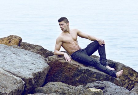 Man - jeans, model, muscle, man, sexy, rocks