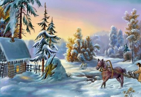 By Victor Tsyganov - victor tsyganov, trees, people, cottages, creative pre-made, painting, art, tree, paintings, landscapes, attractions in dreams, xmas and new year, houses, draw and paint, winter, nature, love four seasons, horse, snow, beautiful, colors