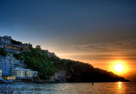 amazing lake sunset hdr - lake, hill, village, sunset, hdr