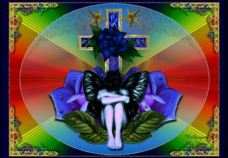 Rainbow Sorrow - cross, roses, crosses, fairies, fairy, rose