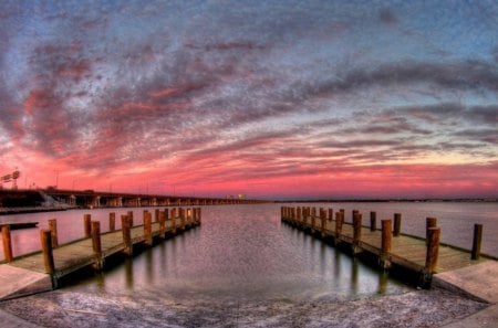 excellent sunset over docks by the bay - clouds, highway, sunset, docks