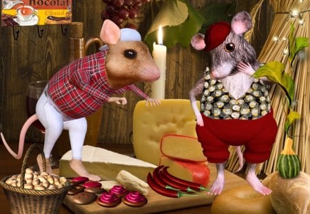 Mouse and the Food - food, chocolate, mouse, cheese