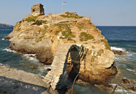 little greek island - rock, arch, island, flag, ruins