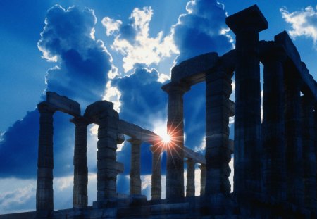 ancient ruins in greece - ancient, ruins, clouds, sun