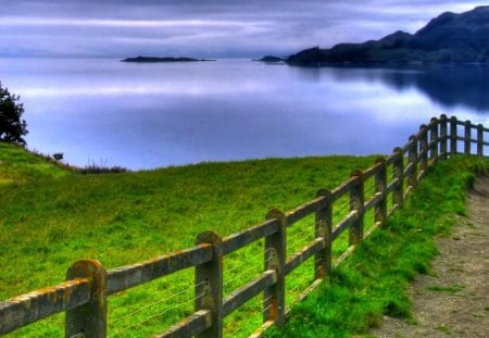 pasture to a quite bay - hill, road, fence, pasture, bay, mist, hdr