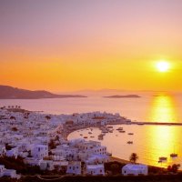 beautiful seaside greek village at sunset