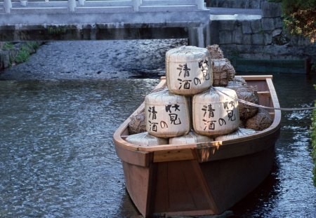 laden boat on a japanese river - bridge, boat, load, river