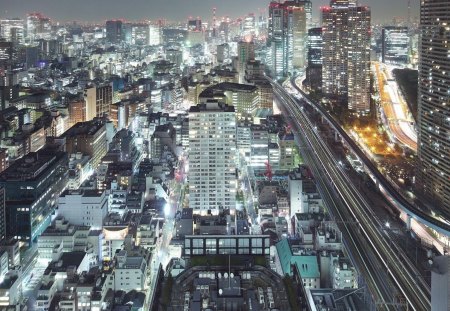 wonderful cityscape of tokyo - lights, city, night, cityscape, train tracks