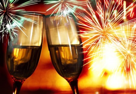 New Year - wine glasses, champagne, fireworks, new year