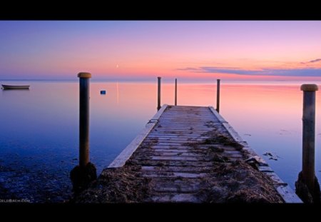 Moon and The Pier - moon, pier, purple, nature