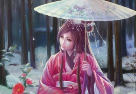 winter âœ· beauty - hot, japanese, anime girl, elegant, rabbit, view, umbrella, petals, kimono, sexy, lady, scenic, long hair, divine, floral, forest, snow, beautiful, yukata, animal, beauty, woman, women, nice, brown eyes, female, bunny, brown hair, gorgeous, japan, pretty, plant, anime, amour, tree, cute, scene, maiden, girl, winter, lovely, scenery, blossom, adore, flower