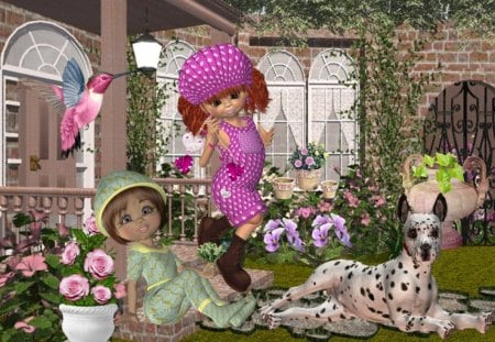 My little Garden - girls, home, dog, kids, garden, flower