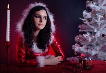 Waiting for Santa - waiting, candle, model santa, tree, woman, christmas