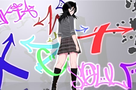 Rukia Kuchiki - rukia kuchiki, grey background, rukia, lone, female, girl, bleach, graffiti, short skirt, kuchiki rukia, anime