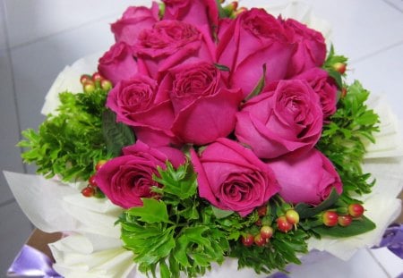 The Holiday Romance - pretty, roses, precious, flowers, fresh, hot pink, centerpiece, forever, special, beautiful, lovely, love, sweet, bouquet, christmas, nature, green, arrangement, new year, bright