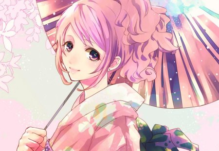 Alice In Kimono!!! :) - girl, pink hair, long hair, original, alice, umbrella, anime, flowers, kimono, cute, pink eyes