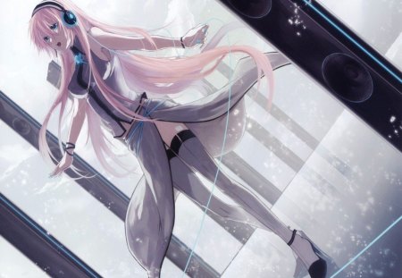 White Luka - singing, vocaloid, blue, girl, long hair, white dress, music, big breasts, megurine luka, cute, pink hair, song, blue eyes