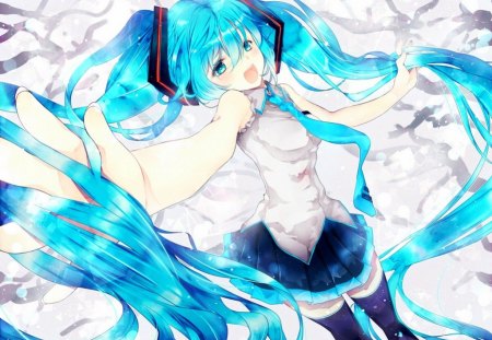 Miku's song - hatsune miku, skirt, girl, blue eyes, music, long hair, song, white, blue hair, open mouth, vocaloid, sweet, cute, breasts