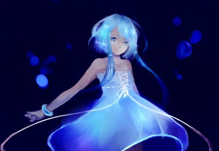 Hatsune Miku - hatsune miku, stars, girl, hair, light, night, art, blue, anime, cute, manga, dress