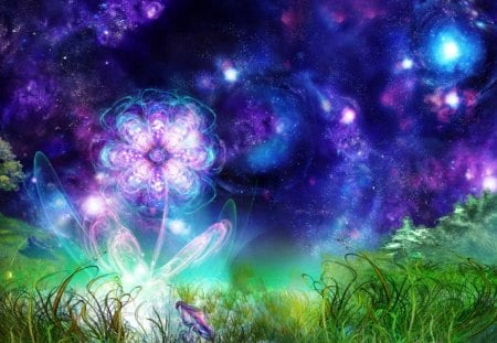 Magic night - stars, magic, night, starry, fantasy, pink, blue, green, grass, flower