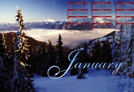 January the 2013 calender - 2013, trees, snow, january, winter, skies, mountains